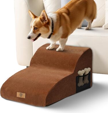 Сходинки для собак Eukue - 2 сходинки для маленьких собак, для ліжка та дивану, з високощільним пінополіуретаном, портативні, знімний, пральний чохол (білий) (коричневий)