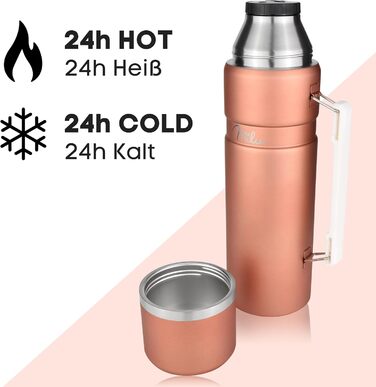 Термос Milu Thermoskanne 1L: ізольована фляга з нержавіючої сталі, 1000 мл, рожеве золото, з ручкою, подвійні стінки, 100% без витоку