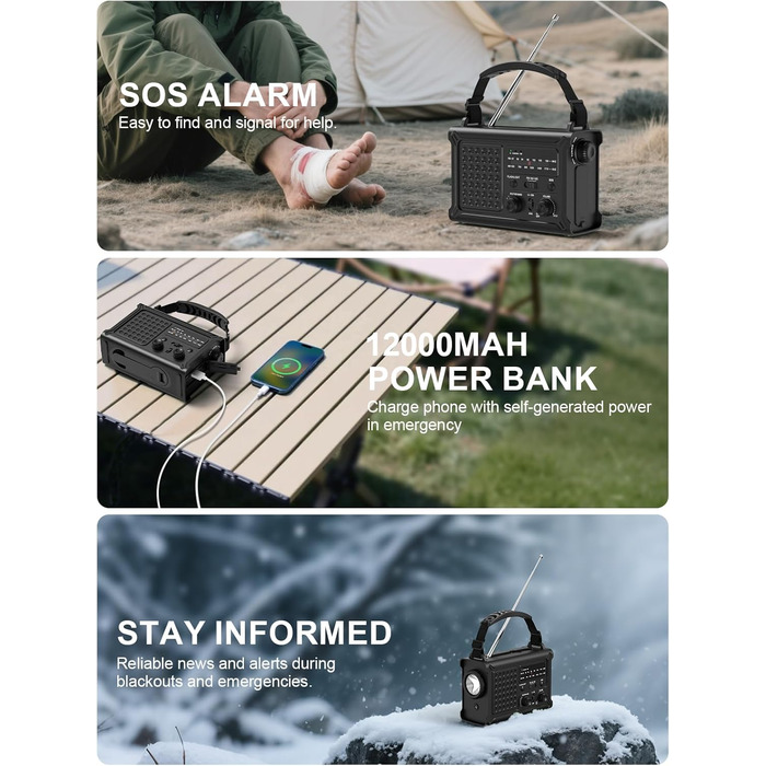 Радіо на сонячній енергії ROCAM 12000mAh з ручним генератором, AM/FM, LED ліхтарик, USB, SOS, IPX6, для кемпінгу та надзвичайних ситуацій (Чорний)
