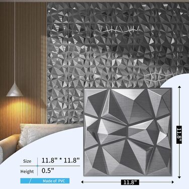3D Панелі для стін Art3d (33 шт.) - діамантова фактура, сріблясті, 30x30 см. Високоміцний PVC, водостійкий, термостійкий