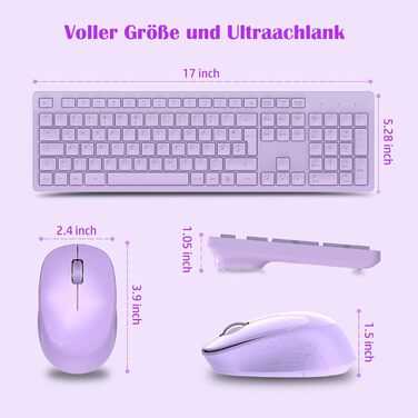 Бездротовий комплект клавіатури та миші Leadsail K786 з цифровою клавіатурою QWERTZ (Німецька) - тиха клавіатура, 2.4 GHz, USB Nano приймач для ПК/ноутбука (фіолетовий)