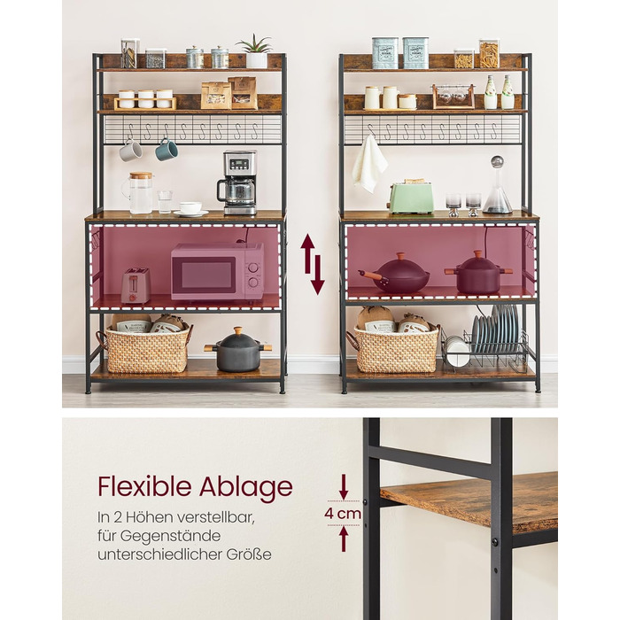 Стелаж кухонний VASAGLE з розетками, для мікрохвильової печі, з решіткою, 14 гачків, антрацит-чорний (40 x 100 x 170 см, Вінтаж-коричневий + Чорний)