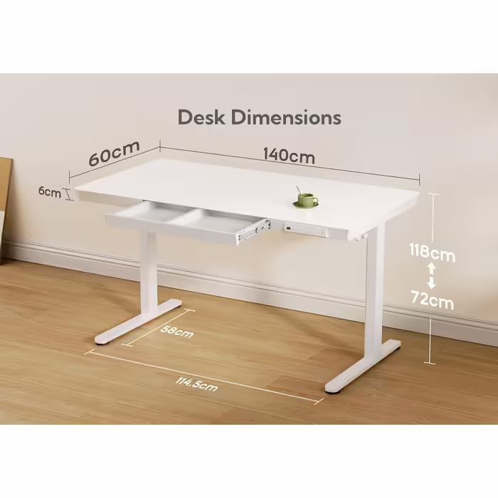 Claiks Adjustable Desk, Height Adjustable Electric Desk, Electric Desk with Glass Top, Standing Height Adjustable Desk, White 140 x 60 cm White