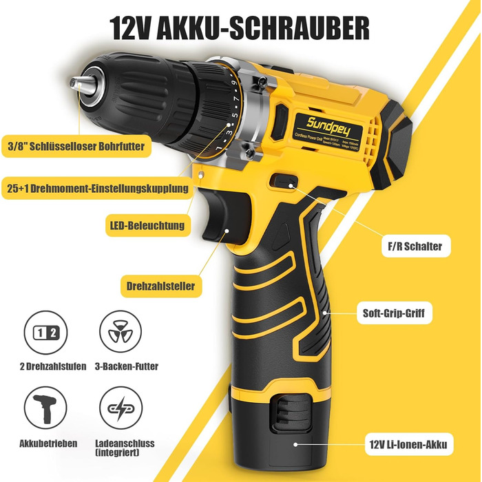 Набір інструментів Sundpey 166 шт. з акумуляторною дрилі 12V для дому, ремонту та саду (жовтий)