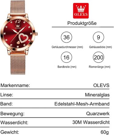 Годинник жіночий OLEVS Roségold: стильні годинники з нержавіючої сталі з мережевим ремінцем, ультратонкі, з діамантовим сердечком, водостійкі, рожеве золото