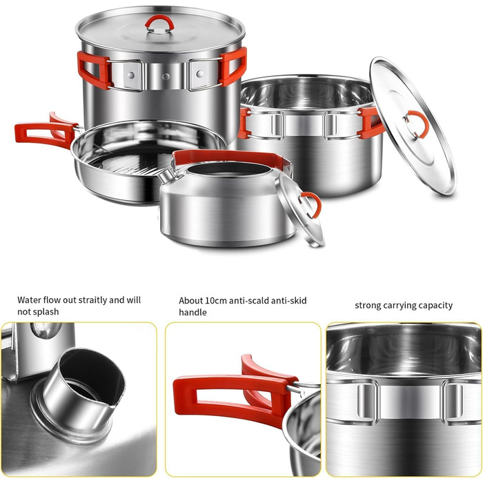 Набір кухонного посуду для кемпінгу з нержавіючої сталі 304, для 2-4 особи, похідний посуд для кемпінгу, пікніків та відпочинку на природі