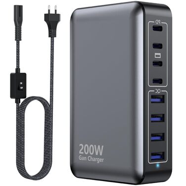 Зарядний пристрій USB-C 200W, 8 портів GaN, швидка зарядка PD 65W для ноутбука MacBook/Dell/Steam Deck, iPhone 17/16/15/14, Galaxy S24/S23 (чорний)