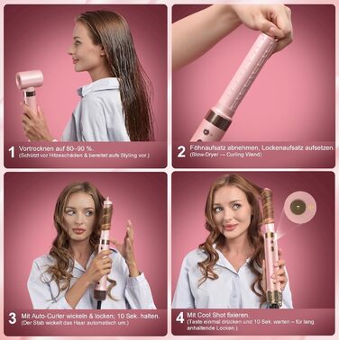 8-в-1 Airstyler: Фен-щітка для волосся з автоматичною насадкою для локонів, етикеткою Pink. Швидке сушіння, об'єм та без пошкоджень. У комплекті сумка для подорожей.