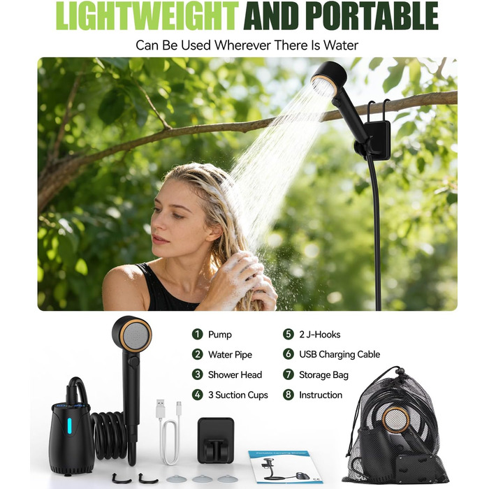 Акумуляторний душ для кемпінгу з LED-дисплеєм, чорний Campingdusche