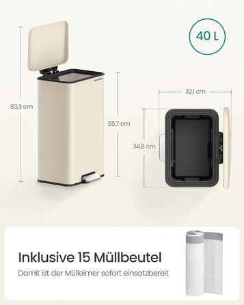 Відро для сміття SONGMICS 40 л, сталеве, з м'яким закриттям, з мішками, пісочно-бежеве (LTB540A02)