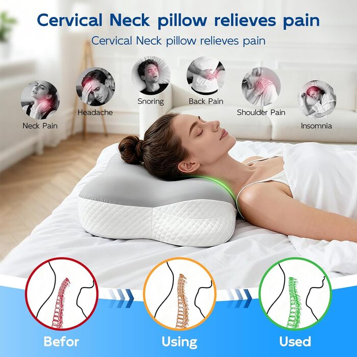 Подушка Ecliptron з піною з пам'яті: ергономічна подушка для шиї, дихаюча, знімний чохол, для тих, хто спить на боці, спині та животі (сіра)