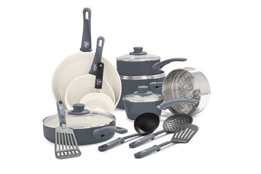Набір посуду GreenLife Keramik Quartzgrau 16 предметів з антипригарним покриттям, кришки з термостійкого скла, для смаження, тушкування, приготування соусів, підходить для посудомийної машини та духовки, без PFAS