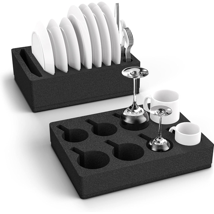 Polyurethane RV Dish Holder Cup Holder Set (without tableware) Dish rack for RVs, campers, boats, cutlery holder for 8 plates + 8 cups (compatible with multiple sizes), black