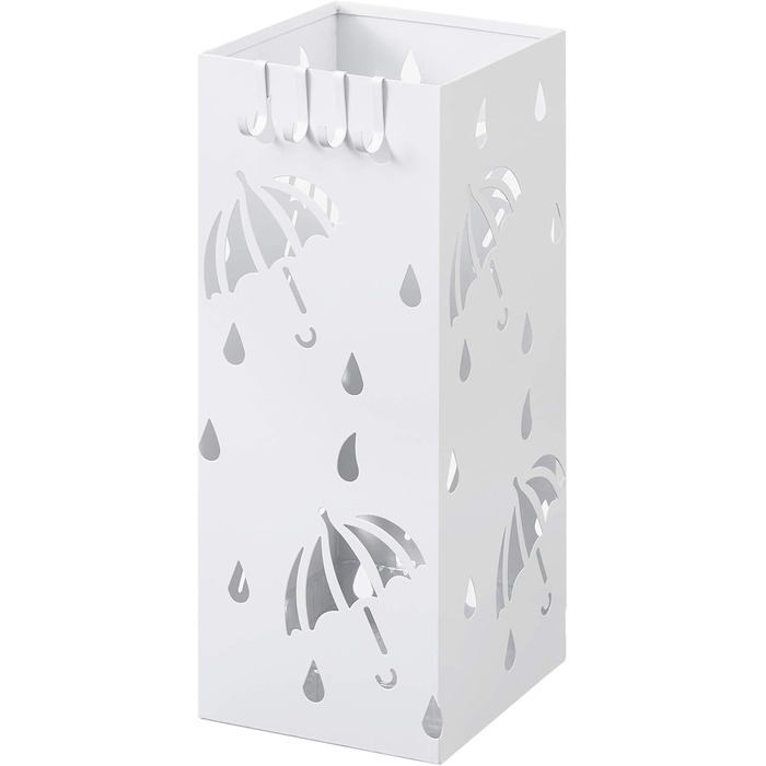 Lestarain Metal Umbrella Stand with Water Tray and Hooks - White Cube Design, 20x20x49cm