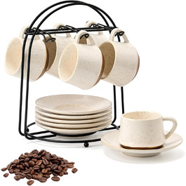 Набір керамічних чашок та підставок для кави з металевим стійкою (6 шт., 130 мл) - Cappuccino, Espresso, Latte, Americano, Чорний колір