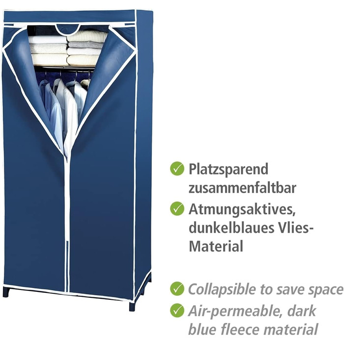 WENKO Air Wardrobe, practical fabric wardrobe for dust-free storage of textiles, stable metal frame, easy assembly, breathable non-woven material, 75 x 150 x 50 cm, Navy (with shelf)