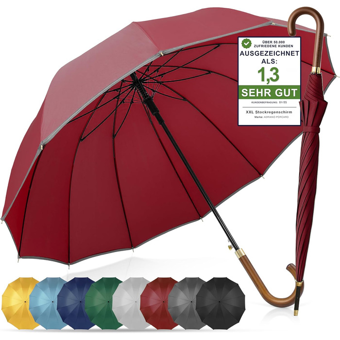 Стійкий до вітру парасолька Ø120см: великий парасолька XXL з відбиваючим краєм, 12 спиць, з чохлом - для чоловіків та жінок, оливковий (бордовий)