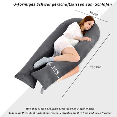 Подушка для вагітних Caliyo 2 шт. U-подібної форми, подушка для сну на боці з чохлом, подушка для годування, велика, комфортна подушка для вагітних (сірий, кристалевий велюр)