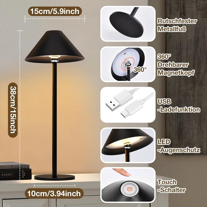 Світлодіодна настільна лампа Rosnek бездротова, акумуляторна 4000 mAh з димером, поворотна на 360°, чорна