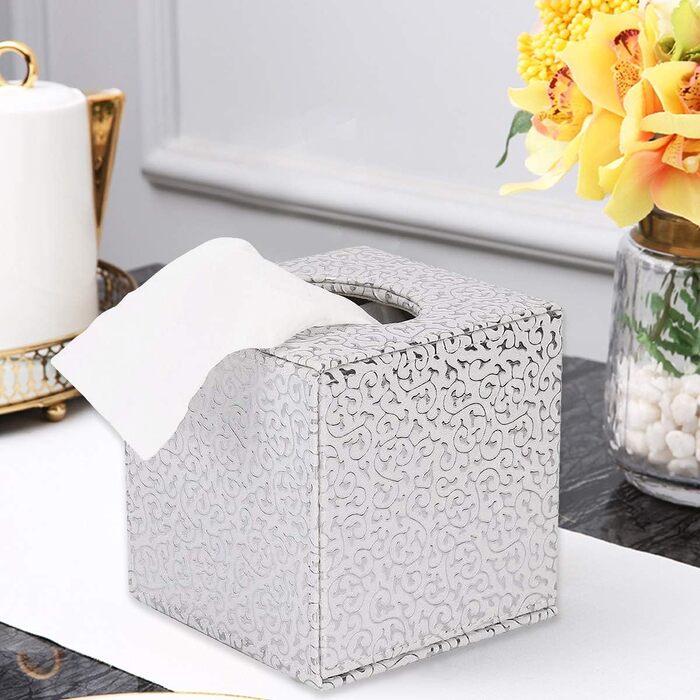 Disco Ball Tissue Box Cover, PU Leather, Cube-Shaped Tissue Holder, Square, Paper Holder, Napkin Dispenser for Home, Office, and Car (Silver Carving)