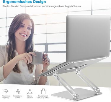 Adjustable Aluminum Laptop Stand - Ventilated Laptop Holder for 10-17 Inch Laptops, MacBooks, Dell, HP, Samsung, Acer - Silver
