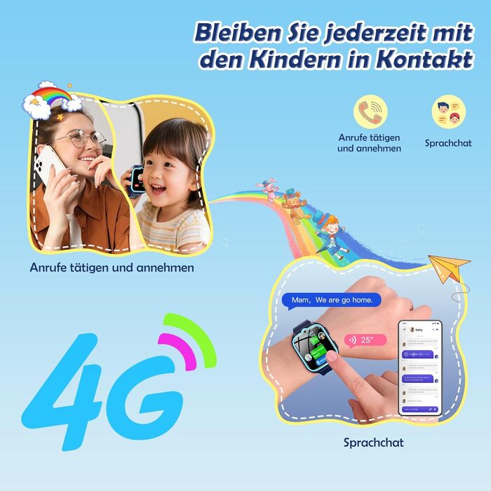 Дитячий розумний годинник з SIM-карткою, GPS-трекер, SOS, 4G, ліхтарик, IP67, для дівчаток та хлопчиків, блакитний