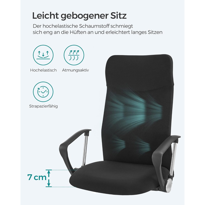 Офісний стілець SONGMICS, ергономічний, поворотний, з м'яким сидінням, регульований по висоті та нахилу, до 120 кг, чорний OBN034B01