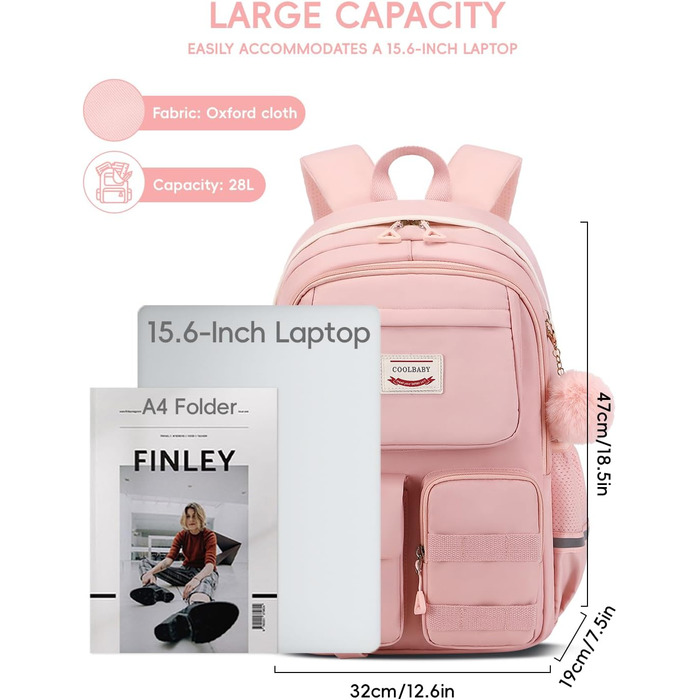 Рожевий шкільний рюкзак для дівчаток Tanou, 9-16 років, великий, водонепроникний, з брелоком