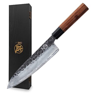 Кухонний ніж MITSUMOTO SAKARI Gyuto 22 см, японський шеф-ніж із високовуглецевої сталі, руків'я з палисандра та подарункова дерев'яна коробка