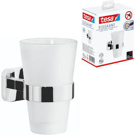 tesa ELEGAANT Toothbrush Holder - Glass Cup with Chrome Wall Mount - For Wall Mounting Without Drilling - 80mm x 125mm x 120mm