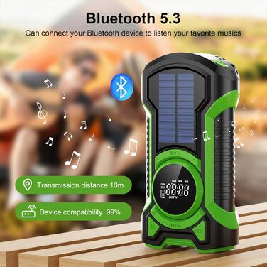 Радіо на сонячній батареї та ручному приводі Gemmac 5000mAh з Bluetooth, USB AM/FM, Power Bank, SOS-сигналом, ліхтариком – для кемпінгу та виживання (Зелений)