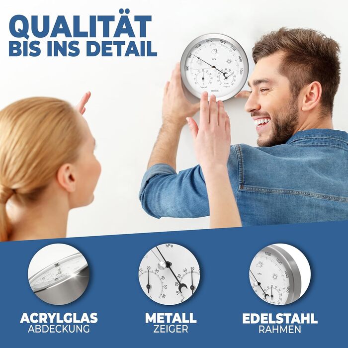 MAVORI® Weather Station Analog - 3in1 Barometer, Hygrometer & Thermometer for indoor and outdoor use - Ø 13.5cm stainless steel frame with acrylic glass in a modern design - Includes thermometer & hygrometer