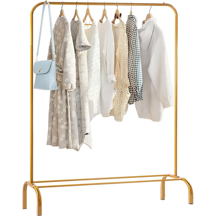 Підставка для одягу на підлозі, металева з полицею для взуття та нижньою полицею, золота, для спальні