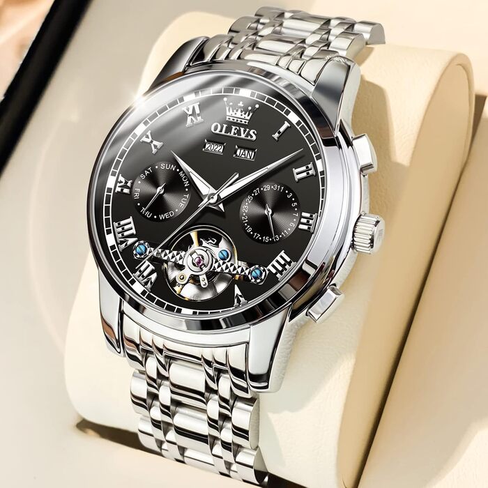 Годинник чоловічий OLEVS автоматичний золотий чорний механічний на зап'ястя з турбійоном, календарем, водонепроникний, світлодіодна, двоколірна модель для чоловіків (срібло/чорний)