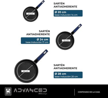 BRA Advanced | Set of 3 non-stick frying pans made of cast aluminum, 20|24|28 cm, PFOA-free, reinforced, excellent performance and scratch resistance, suitable for induction. Frying Pan Set (20-24-28 cm)