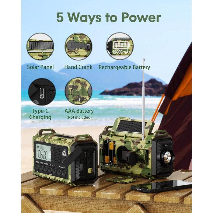 Радіо Kurbelradio на сонячній батареї та з ручкою, 12000mAh, AM/FM/SW, USB-зарядка, SOS-сигнал, ліхтарик, для кемпінгу та надзвичайних ситуацій, зелений камуфляж