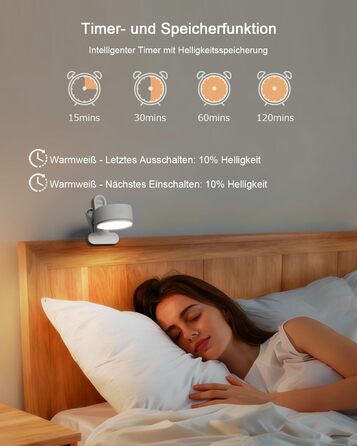 Нічник на ліжко акумуляторний бездротовий з USB-C, 5000mAh, з кліпсою, димуючий, з пультом, LED, 360° поворотний, для спальні, кемпінгу (білий)