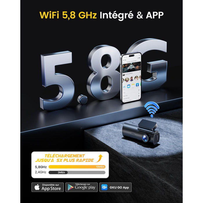 Автомобільний відеореєстратор GKU 4K+1080P (передній та задній), 5GHz WiFi, з картю пам'яті 64GB, глянцевий чорний