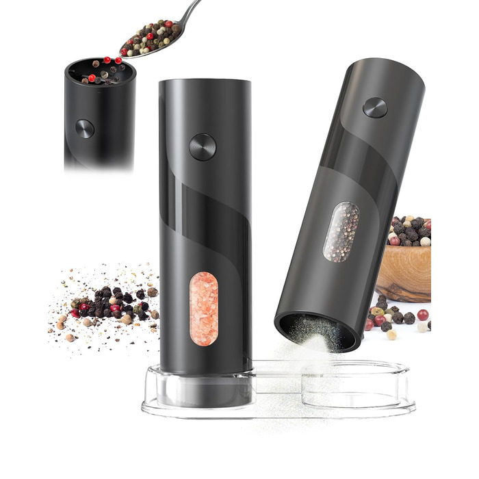 Електричні соляні та перечні млини, верхнє завантаження, 5-рівневе регулювання помелу, об'єм 120мл, набір 2 шт. з підсвічуванням LED