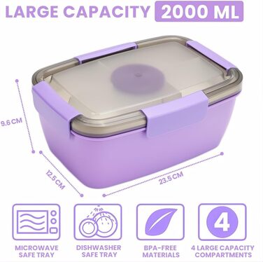 Ланчбокс Bugucat 2000 мл (2 шт.) - чорний та рожевий, з відділеннями, для дорослих та дітей, з виделкою