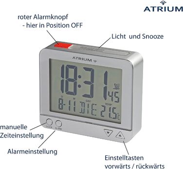 Atrium Funk-Wecker digital Silber with sensor-controlled night light, top-side snooze button, date and temperature display A760-19