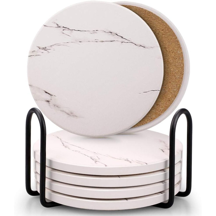 Coasters for Drinks, Absorbent Ceramic Stone Coasters Set with Metal Holder Stand, Cork Base, Marble Surface Pattern, Cup Placemats for Home Decor, Set of 6 - White