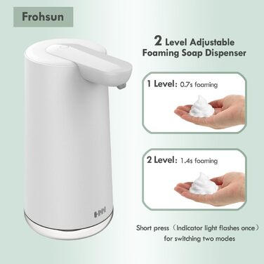 Frohsun Automatic Soap Dispenser - Rechargeable, Touchless, Motion Sensor, 350ml Capacity, Adjustable Foam Volume, IPX7 Waterproof - for Kitchen, Bathroom & Hotel Use (White)
