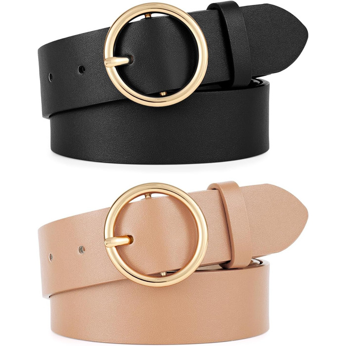 Жіночі шкіряні ремені WERFORU: 2 шт. для джинсів та штанів. Стильні ремені з золотою кільцем. Розмір: 65-75 см та 76-86 см (чорний+хакі)