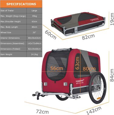 DOGGYHUT® Преміум великий вагон для собак на велосипед, 270 літрів, для середніх та великих собак (ЧЕРВОНИЙ)