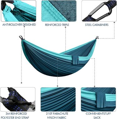 Гамак подвійний для кемпінгу 300x200 см, нейлон, синій, вантажопідйомність 300 кг