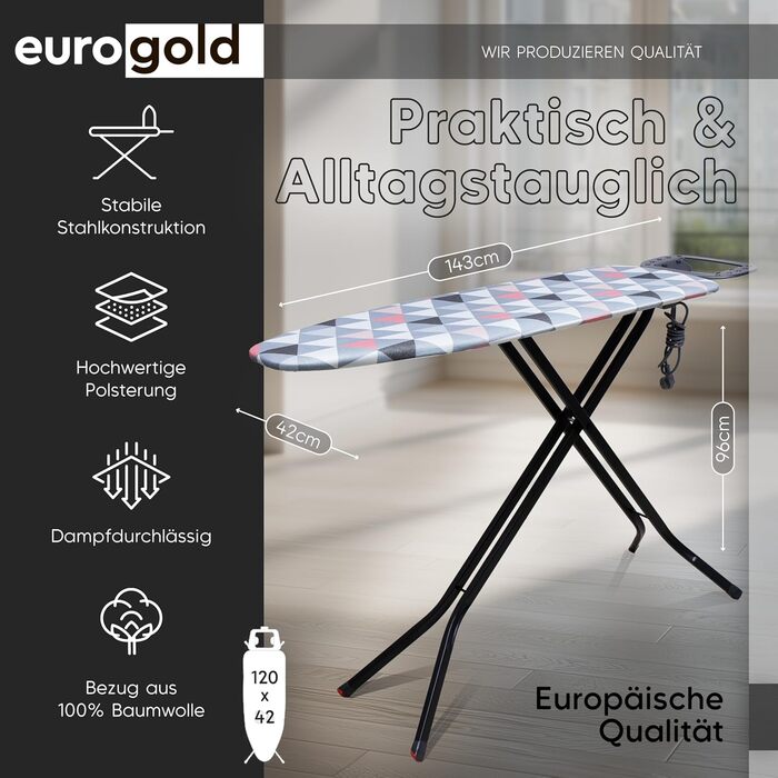 Прасувальна дошка EUROGOLD® Premium з турбо-покриттям 120x42 см - стабільна, регульована по висоті, з розеткою та антиковзними ніжками. Покриття з 100% бавовни (рожевий)