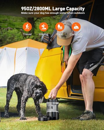 ЛесоТК 2200 мл Поїлка для собак, Переносна велика поїлка для собак – для подорожей, кемпінгу, великих собак (2.8л, чорна)
