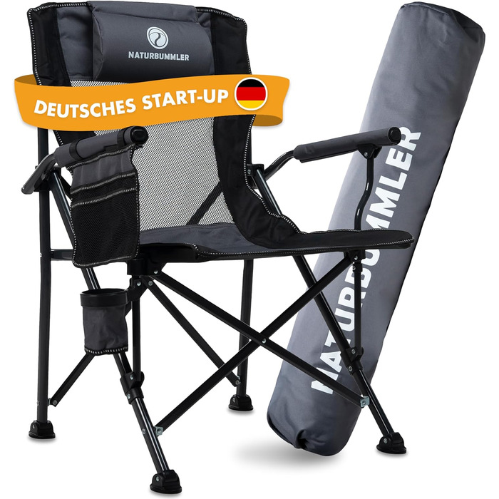 Складний туристичний стілець NATURBUMMLER® Cloud Sit+ сірого кольору – 150 кг, дихаюча сітка, висока спинка, для кемпінгу, риболовлі, саду та відпочинку на природі