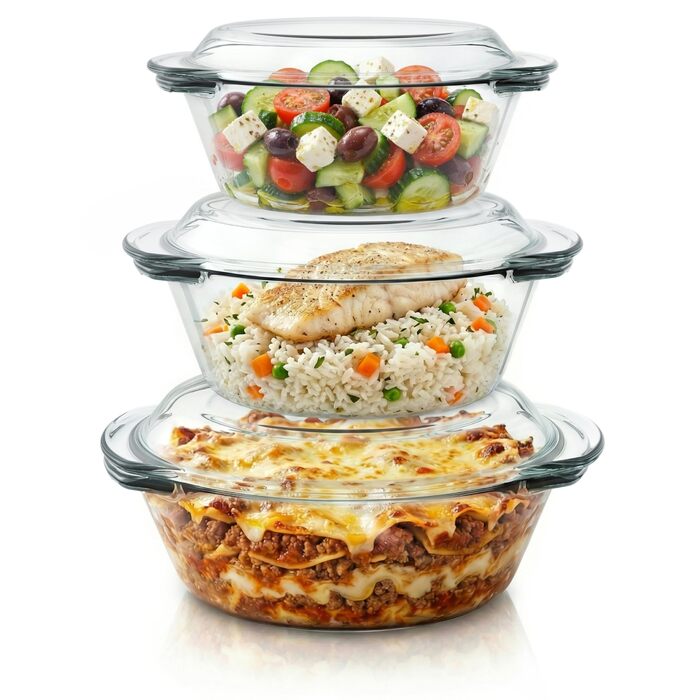Набір форм для запікання Arendo з кришкою та ручками (3 шт.) – Borosilikatglas – 1000мл, 1500мл, 2000мл – для духовки, мікрохвильовки, BPA-free, скляні контейнери